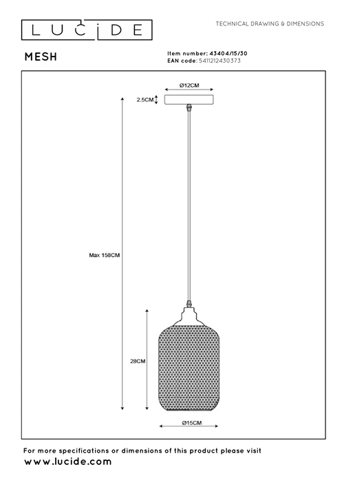 Lucide MESH - Hanglamp - Ø 15 cm - 1xE27 - Zwart - technisch